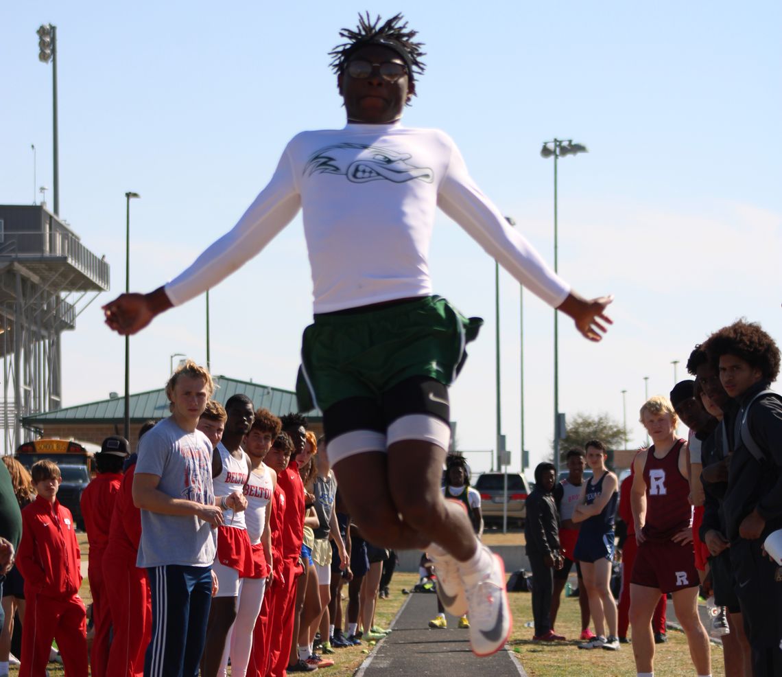 Jarvis Anderson jumps sky high at the 2022 Cotton Boll Relays this past Thursday, March 10. Anderson finished first in the 110- and 300-meter hurdles, 4x400 meter relay and the long jump. He also finished second in the triple jump.