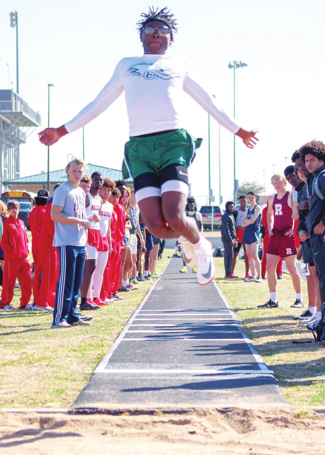 Jarvis Anderson jumps sky high at the 2022 Cotton Boll Relays this past Thursday, March 10. Anderson finished first in the 110- and 300-meter hurdles, 4x400 meter relay and the long jump. He also finished second in the triple jump. Photos by Matt Hooks