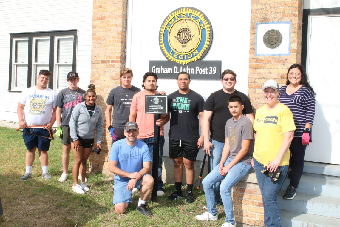 A group of volunteers from Taylor High School observed Columbine Day on April 20th with a day of service at American Legion Post 39. Taylor. American Legion representative Scott Dean is joined by THS Counselor Laurie Morris, Assistant Principal Olivia Rodriguez, and seniors Donovan Palacio...