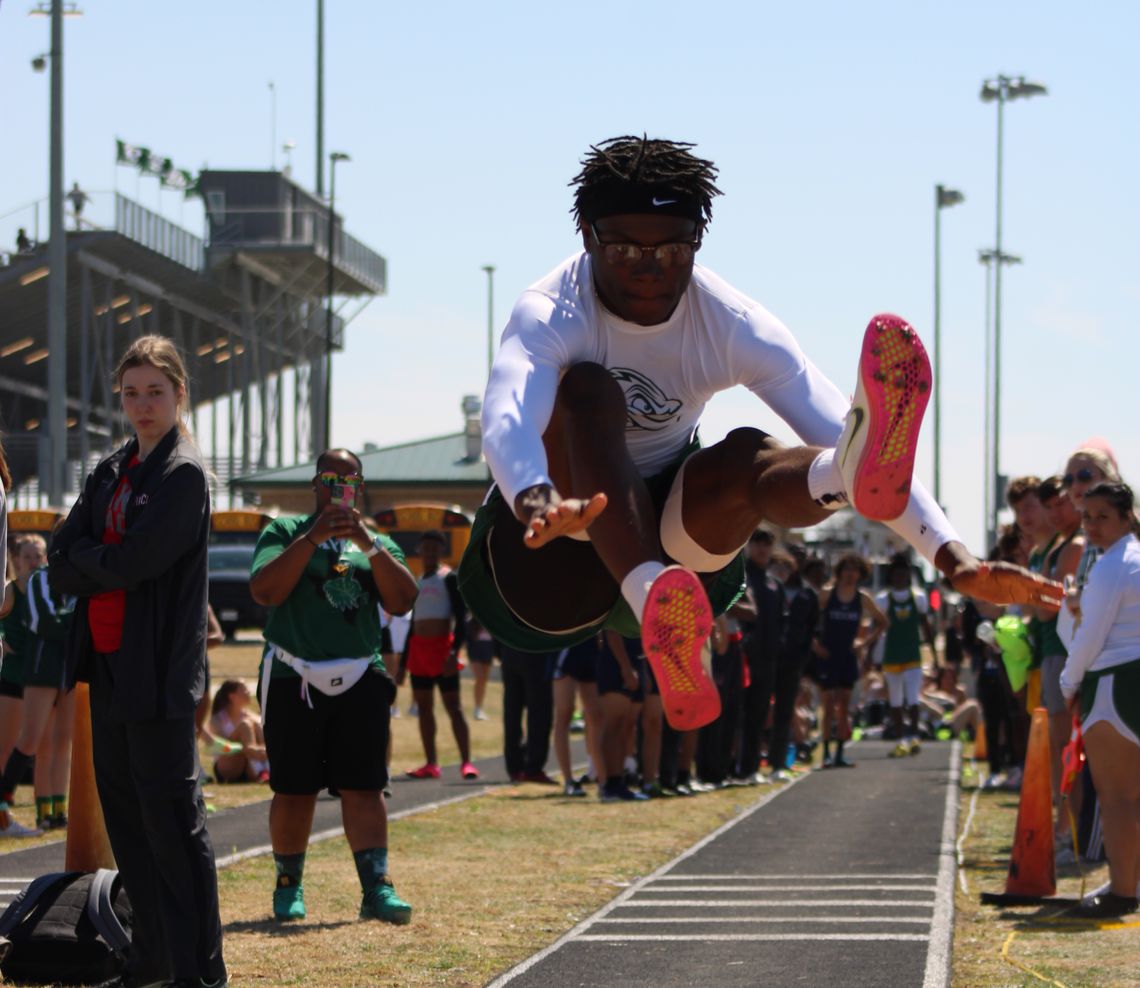 Taylor’s Jarvis Anderson looks to continue to leap past the competition at the 2022 19-4A district meet this Wednesday and Thursday, April 6-7. Photo by Matt Hooks 