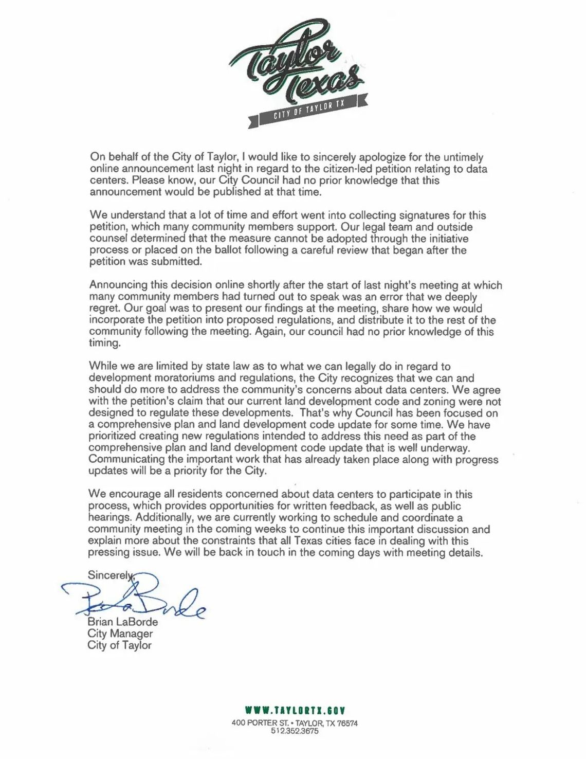 Taylor official apologizes for 'untimely' post about online data center debate Taylor official apologizes for 'untimely' post about online data center debate