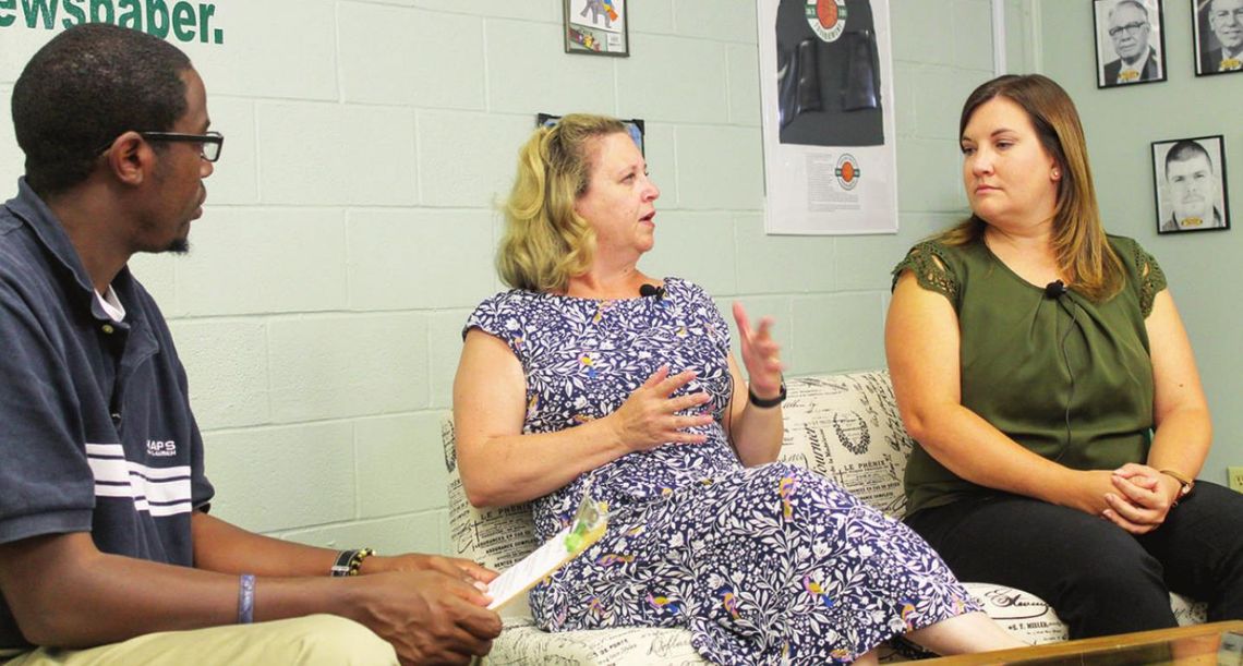 Stacey Osborne (middle) and Kendra Maness, Taylor’s respective communications director and assistant public information officer, talk on “Taylor Talk with Jason Hennington” during their interview at the Taylor Press office July 11. Photo by Fernando Castro