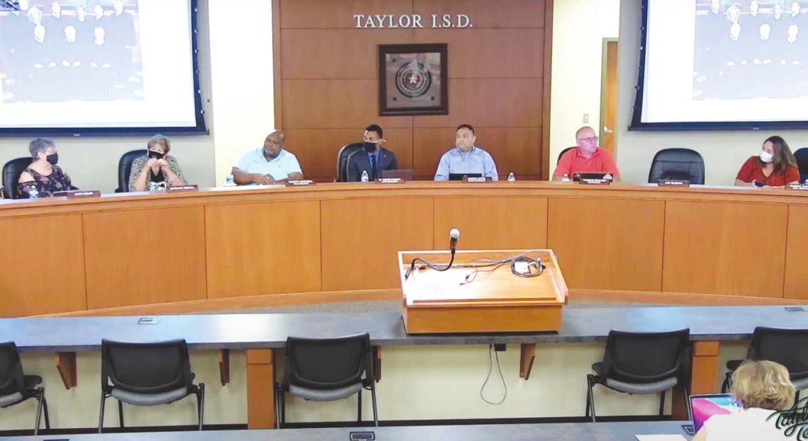 At the Aug. 16 board meeting, Superintendent Devn Padavil (center) discusses Taylor ISD’s response to the COVID-19 pandemic for the 2021-22 school year. YouTube / Jaime Sellers