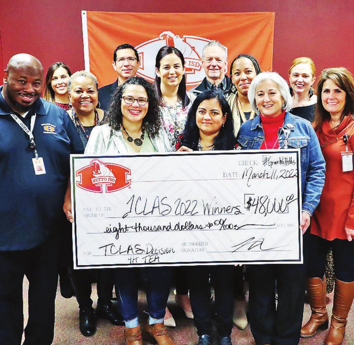 Six teachers in Hutto ISD received a total of $48,000 from the Grow Your Own grant scholarship. At the presentation are (front row, from left) Tony Carr, Natacha Barbosa, Uma Rao and Superintendent Celina Estrada Thomas; (Middle row, from left) Elisa Hood-Waddle, Lindsay Brown, Gloriana Pr...