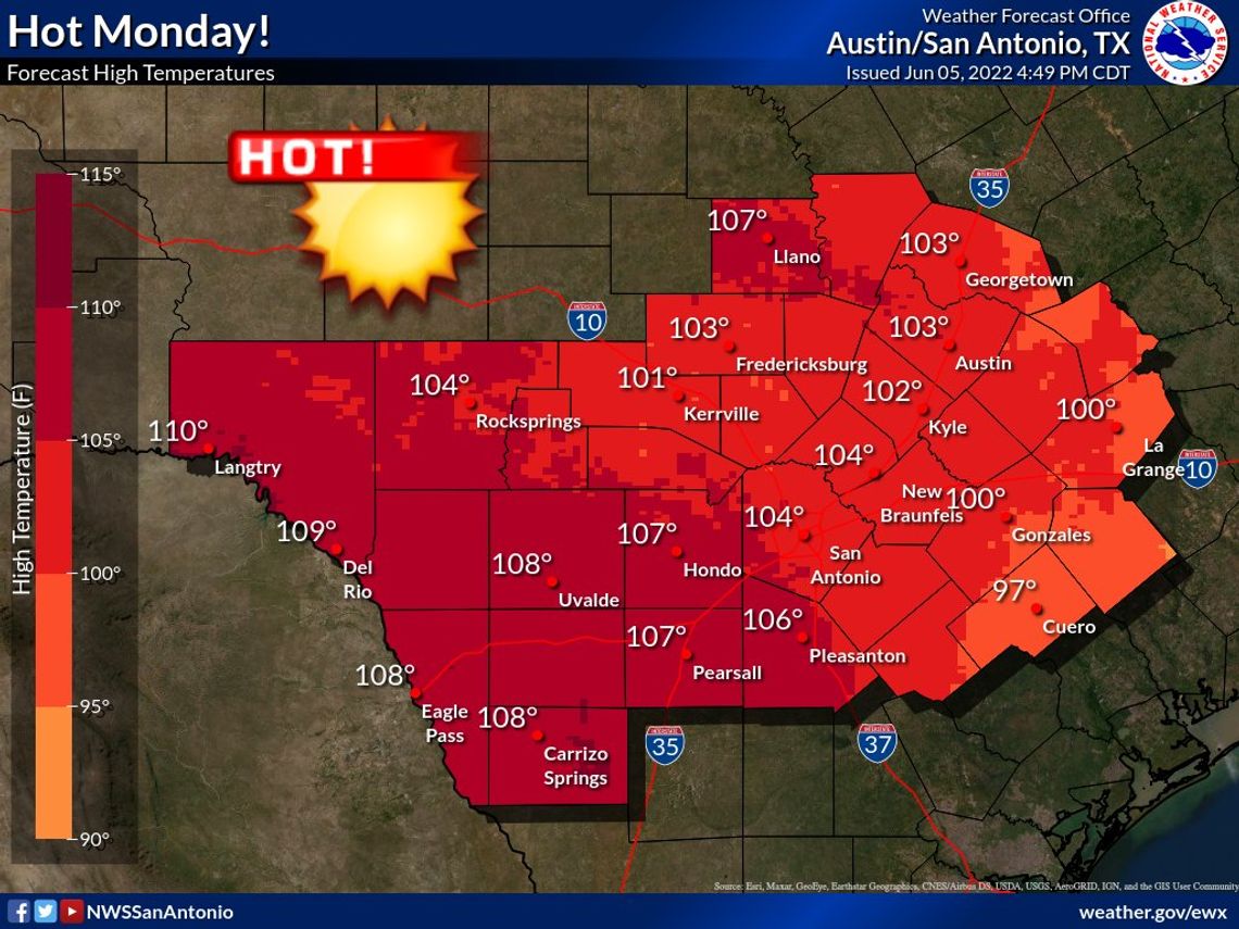 The National Weather Service has these projected highs for Monday, June 5. Twitter / NWS Austin/San Antonio