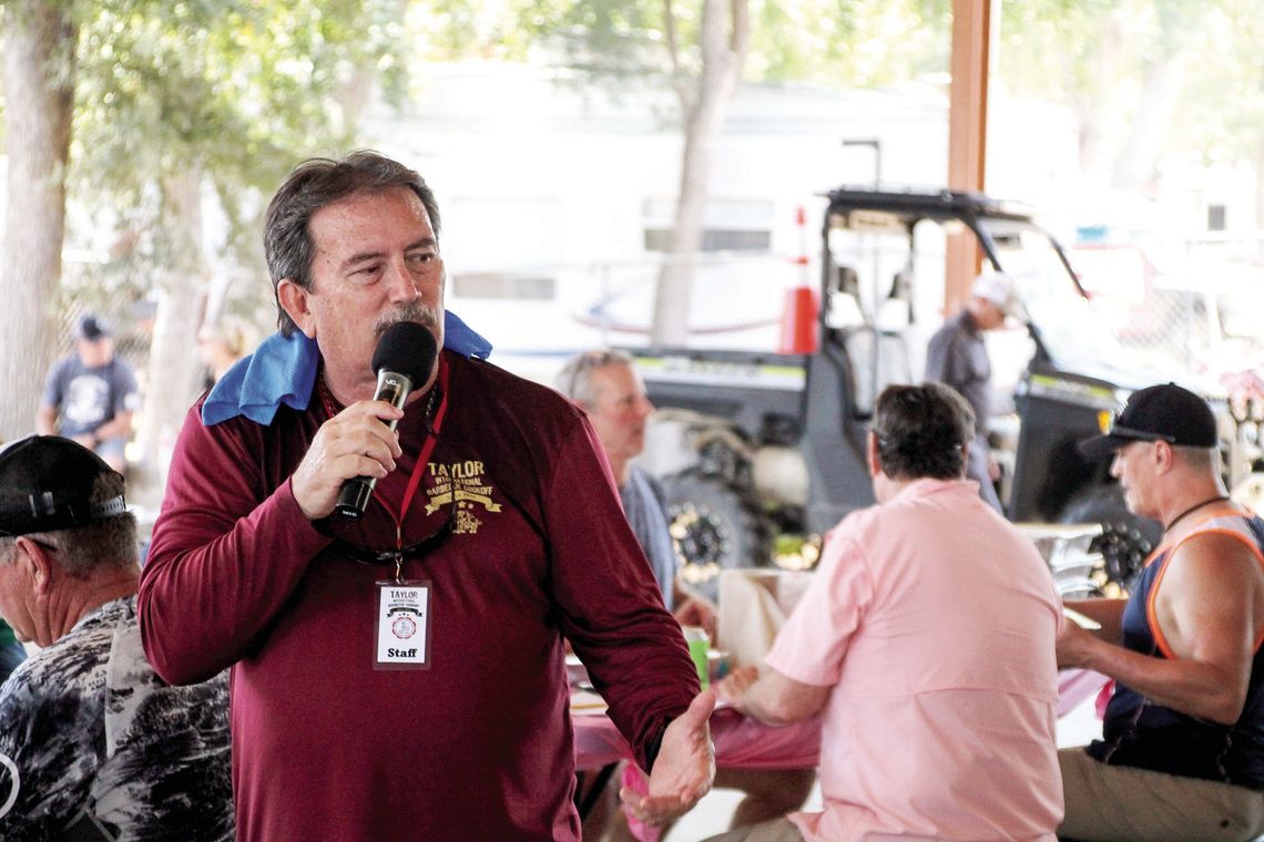 Tim Mikeska, Taylor International Barbecue Cook-off organizer, hypes up judges before the brisket event. Briskets were the last category judged during the Cook-off. Photos by Hunter Dworaczyk