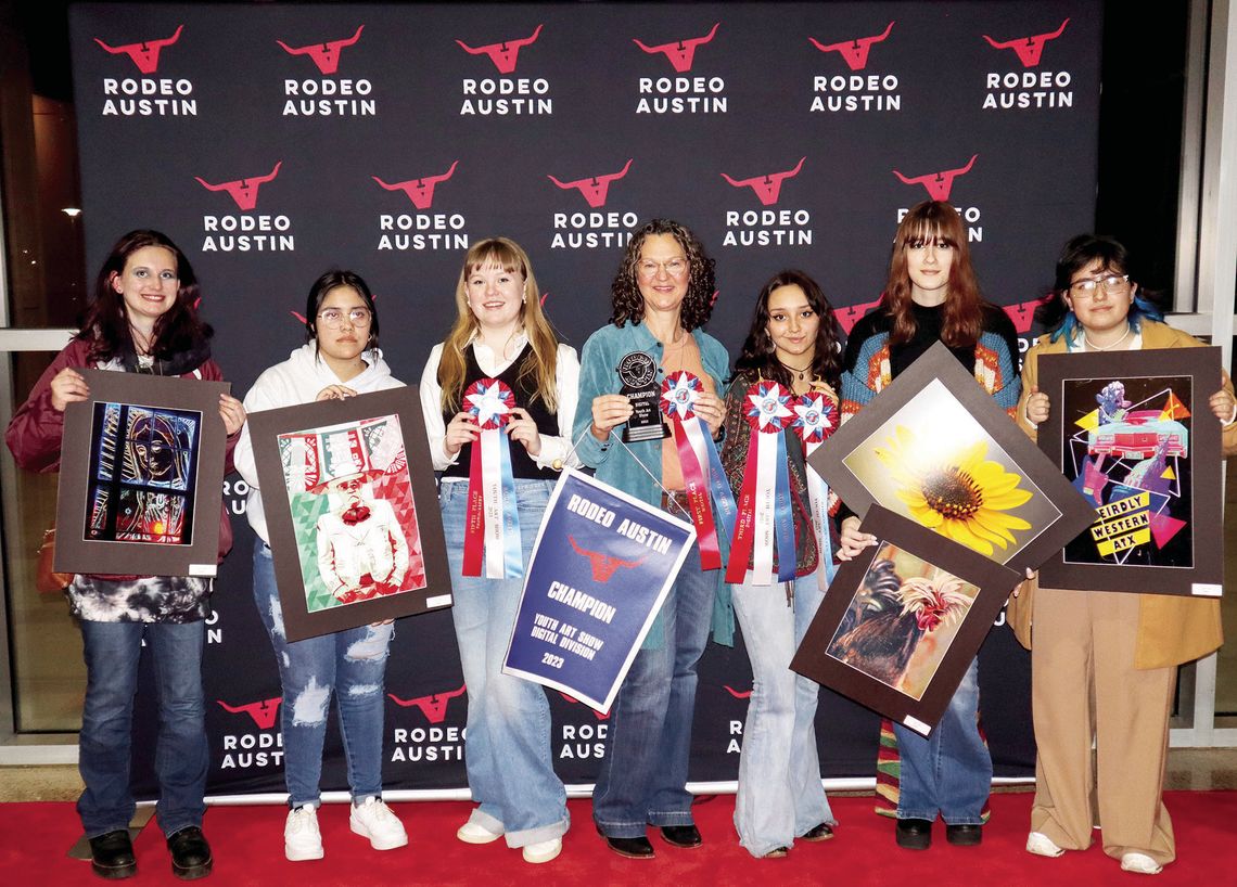 Rodeo Austin Art Show participants included (from left) Samarin Mokry, Milagros Acosta-Rios, Ava Finch, Christina Strnad (teacher), Alyssa Johnson, Rochelle Malish and Emilia Tinajero. Not pictured are Joseph Hanson, Landon Gregory and Michael Machala. Courtesy photos