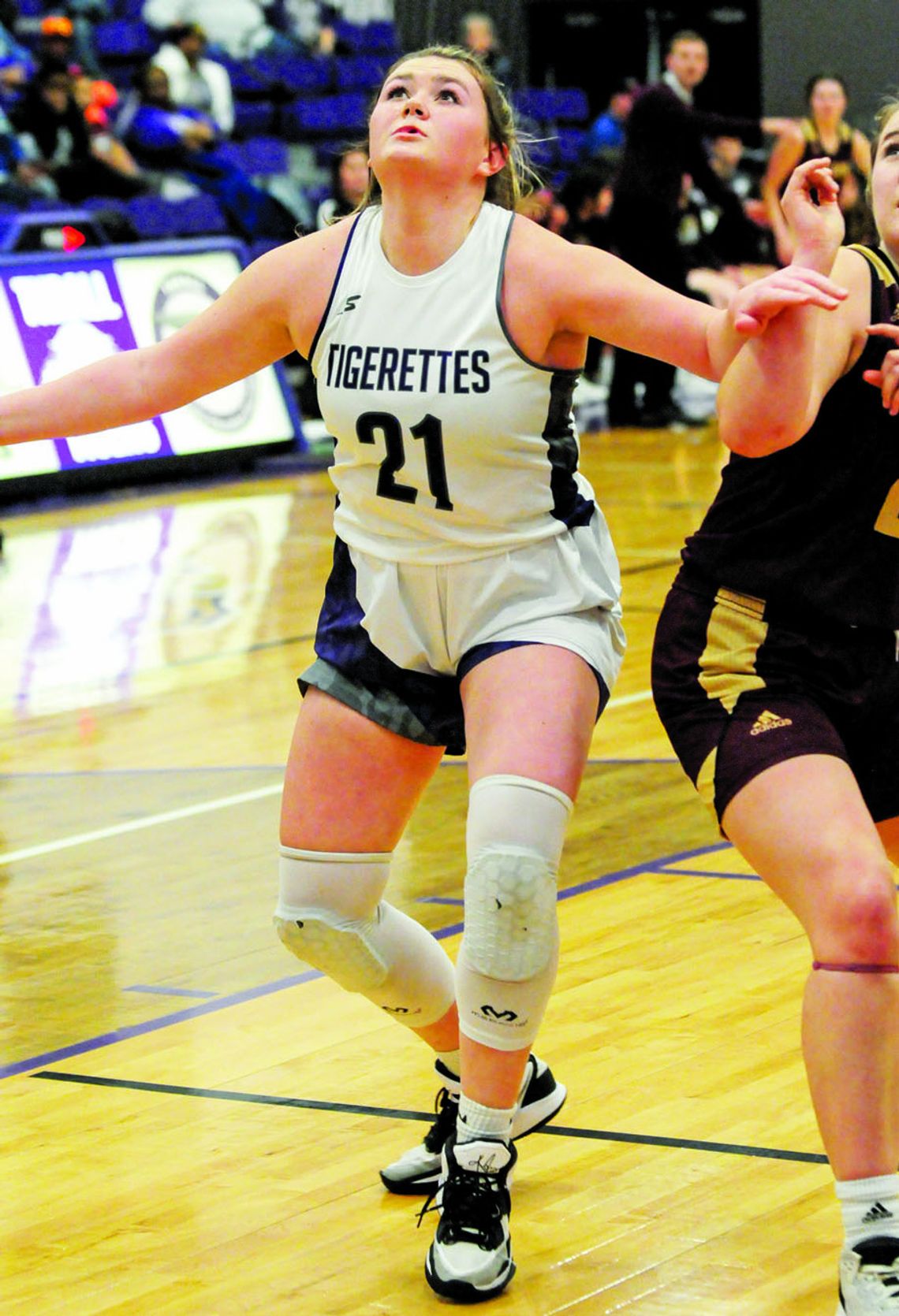 Miranda Richter boxing out her opponent before securing a rebound. Photos by Larry Pelchat