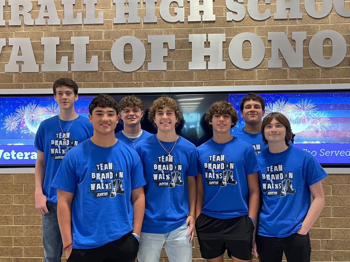 Thrall ISD students (from left) Josh Poling, Brandon Ford, Rylan West, Casen Sledge, Patrick Zieschang, Cade Talley, Cade Koehne support Ford during National Diabetes Awareness Month in November. Courtesy photo 