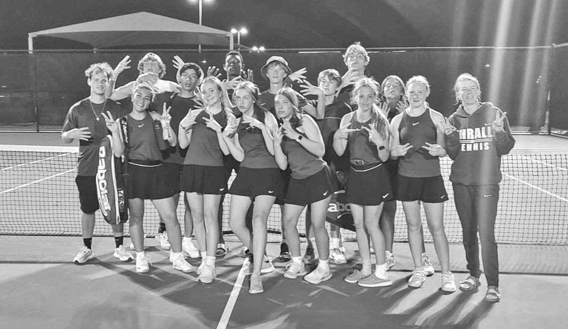 Thrall Tennis team posing for a picture together. Elena Garcia (front left), Kinley Hoffman, Lilly O’Neil, Avery Ochoa, Julie Crabb, Sarah Laurence, and Aubrie Shuttles. Dawson Gilmore (back left), Cason Sledge, Jesus Garcia, Steven Walker, Payton Gilmore, Brady Branson, Ethan Dahl, and Te...