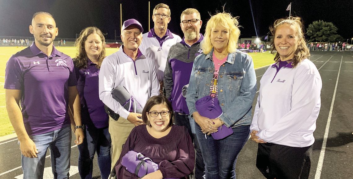 Thrall Independent School District Board of Trustees Rodrigo Reyes, Stephanie Ochoa, and Bryan Holubec with Heroes Russel Richter, Chad Richter, Carolyn Holubec, and Thrall ISD Director of Programs Jolena Pokorny. In front, Hero Abby Alderete.