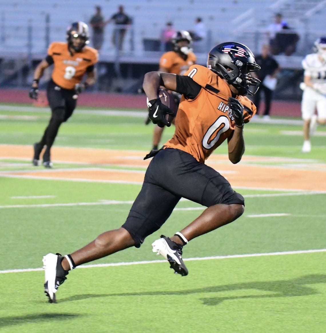 Senior wide receiver Braeton Anderson runs up the sideline for a touchdown in a 63-8 win over the San Marcos Rattlers on Aug. 30. Photo courtesy of Tim Walter