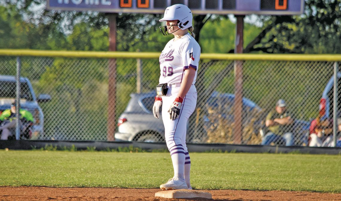 Tigerettes freshman Gracie Fitzgerald standing on second base waiting for the ball to be put in play. Photo by Cristina Jarosek