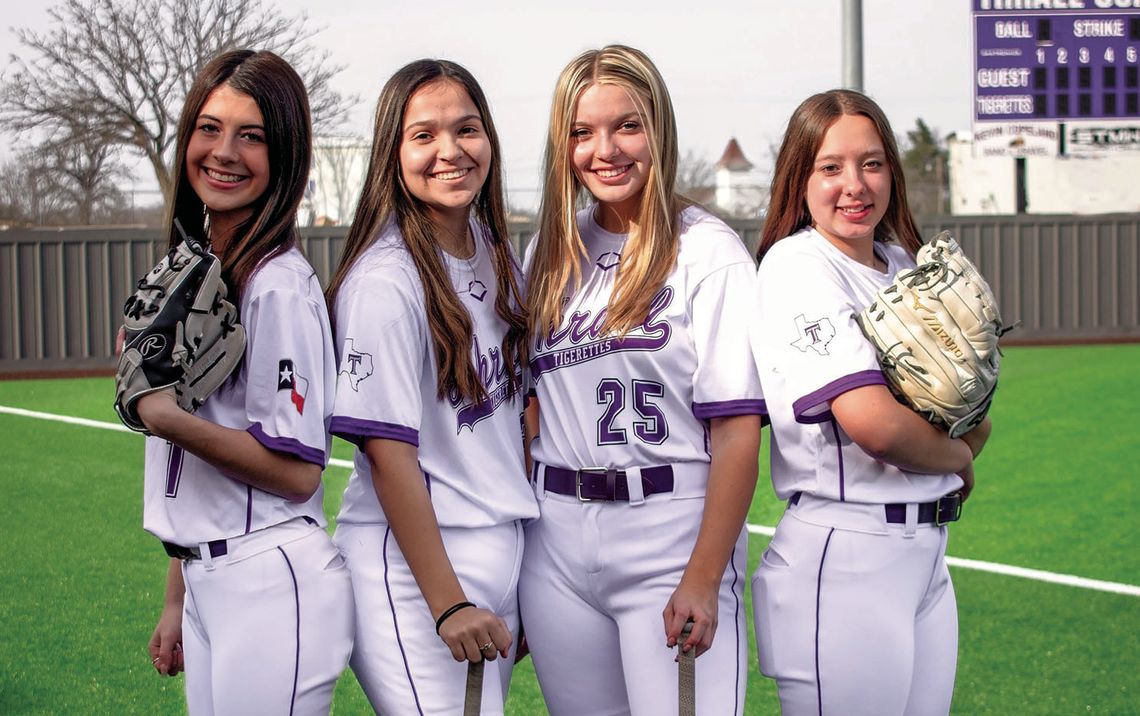 Dezi Lopez (left), Ashly Jarosek, Preslie Juranek and Cheyenne Rowl and taking a picture at media day before the season. Courtesy Photo