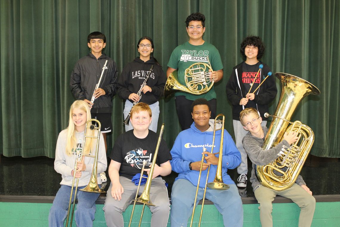 Eight Taylor Middle School band students have earned a spot in the ATSSB Region Band. Advancing to the Region Symphonic Band are Kaitlin Crane (Trombone), Ethan Green (Trombone) and Levi Luedtke (Tuba). Advancing to the Region Concert Band are Keira Rodriguez (Percussion), Victor Rios Alma...