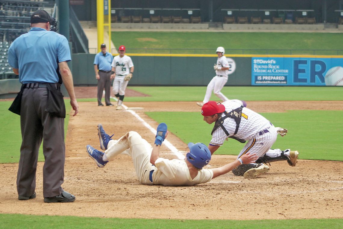 Lions varsity baseball senior catcher Nathan Tucker tags out an opposing runner at home plate on June 17 during the THSBCA All-Star Game held at Dell Diamond in Round Rock. Photos by Andrew Salmi