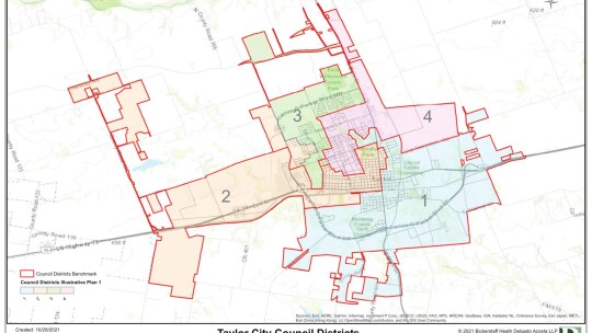 The new Taylor City Council districts are expected to look like this if adopted Jan. 6. Courtesy graphic / City of Taylor and Bickerstaff Heath Delgado Acosta