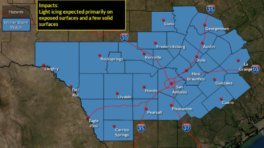 Here is the Winter Storm Watch to go in effect Thursday in south Central Texas. Courtesy graphic / NWS Austin/San Antonio Office