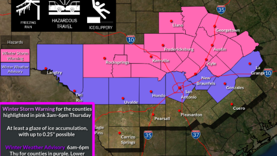 A Winter Storm Warning will be in effect Thursday, Feb. 3, from 3 a.m. to 6 p.m. in the pictured counties. Twitter / NWS Austin/San Antonio