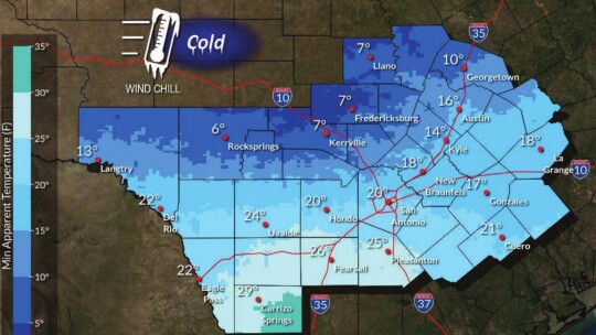 Here are the wind chills forecast for Thursday, Feb. 3, according to the National Weather Service Austin/San Antonio Office. Twitter / NWS Austin/San Antonio
