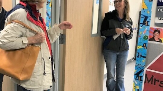 Coupland Mayor pro tem/Coupland Civic Organization Board Member Barbara Piper and School Superintendent Tammy Brinkman discuss the new Coupland School classrooms. Photos by Susan Garry