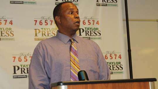 Gerald Anderson talks during the candidate forum at the Taylor ISD Main Streets Event Center in Taylor April 11.