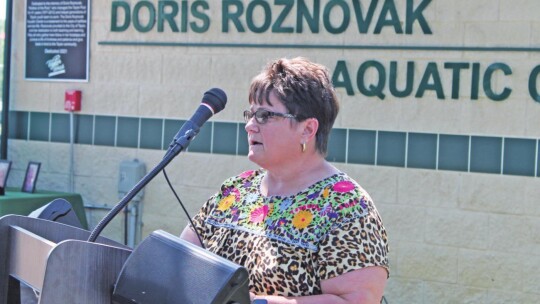 Stayci Roznovak-Burris talks about her mother during a special event at Murphy Park in Taylor May 28.