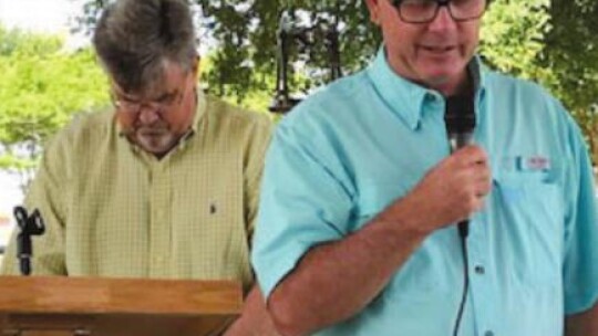 Pastor Terry Kennedy of Type Church offers an opening prayer at the Post Oak Island historical marker dedication.