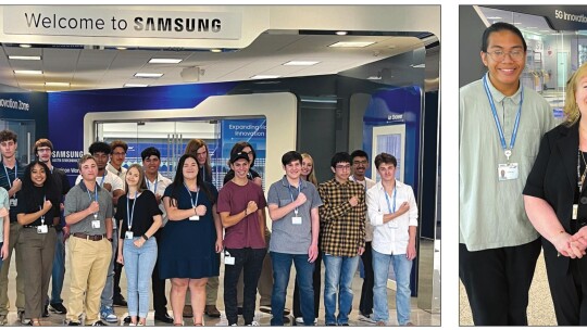 ABOVE LEFT: Taylor ISD interns show the Power Arm, known around Samsung as a symbol for World’s Best Foundry. ABOVE RIGHT: Taylor High School interns Kenneth Calvo (left) and Ryan Newson meet their mentor, Michele Glaze, director of Communications and Community Affairs at Samsung. Photos b...