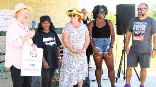 On Juneteenth, the Dickey Museum Board of Directors accepted a $5,000 grant from the Michael C. Duda Historic Architectural Enrichment. Sylvia Tillotson (left) presented the check to (from left) Jennifer Harris, Elizabeth Louden, Nakevia Miller and Robert Garcia. Photo by Jason Hennington