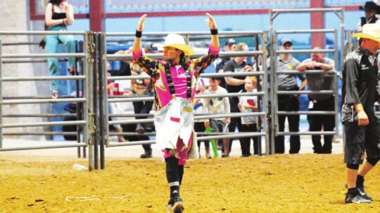 Dawson Solis is one of the bullfighters at the Taylor rodeo. He distracts the bulls to allow the riders get to safety. Photo by Larry Pelchat