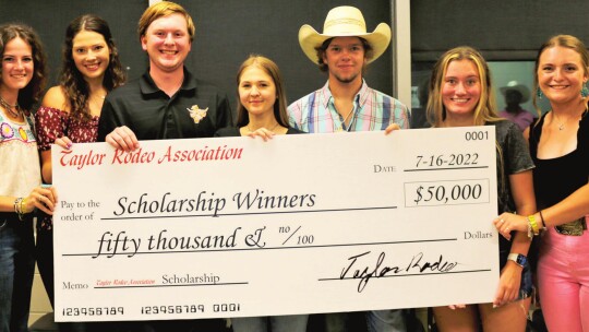 Texas Rodeo Association scholarship winners (from left) Aislin McStay, Macey Lopez, Trey Boles, Brooke Newsom, Mac Hamann, Katelyn Trowbridge, Mallory McDaniel (not shown: Miguel Grado, Thomas Oman, Roy Moody). Each of the ten recipients will receive $5,000 for their first year of college....