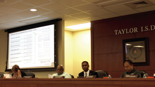 From left, Anita Volek, Marilyn Tennill, Shorty Mitchell, Superintendent Devin Padavil, Marco Ortiz and Joseph Meller discuss a possible bond package during the Taylor ISD school board meeting Aug. 15 in Taylor. Photo by Fernando Castro