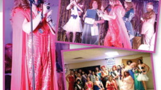 ABOVE LEFT: Miss Firestone played master of ceremonies at the Dudes as Dames pageant Saturday night at the S.P.J.S.T. Hall. TOP RIGHT: Miss Aneda Buyer sponsored by Re/ Max Associate Group, James Jonas (center), was named second runner up. ABOVE LEFT: Saturday night, these dudes became dam...