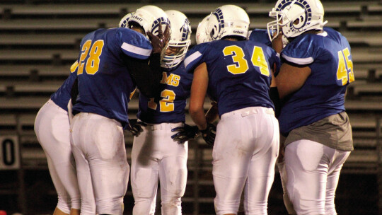 The St. Mary’s Rams offense huddle together to get the play call during game against CenTex Homeschool. Photos by Evan Hale