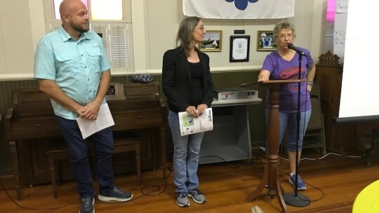 CCO President Susan Schmidt (right) introduces Coupland School Board Vice President Michael Roepke and Superintendent Tammy Brinkman at the Sept. 26 meeting. Photo by Susan Garry