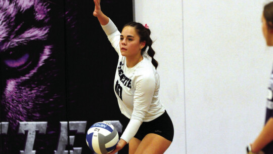 Tigerettes junior and All-State selection Melaina Grissom serving the ball during a game. Photo by Larry Pelchat