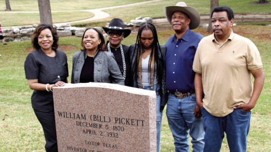 The family of Bill Pickett gathers by the new cenotaph Dec. 10 at the Texas State Cemetery. (From left) Michelle Anderson, Ursurla Williams, Dannie B. Royal, Nekoya Anderson, District 1 Councilman Gerald Anderson, and Leroy Anderson.