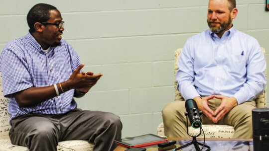 Taylor Press Area Editor Jason Hennington chats with City Manager Brian LaBorde Dec. 12 at the Taylor Press studio.