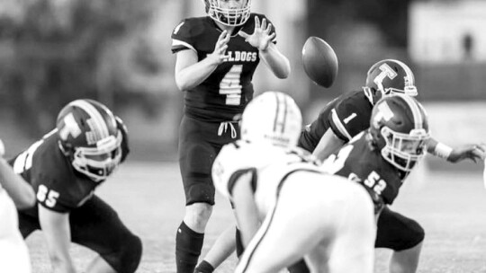 Thorndale quarterback Coy Stutts catching the ball after telling his center to snap it. Courtesy photo