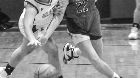 Kinley Hoffman applying pressure to the Lady Lions offense and forcing a steal. Photo by Larry Pelchat