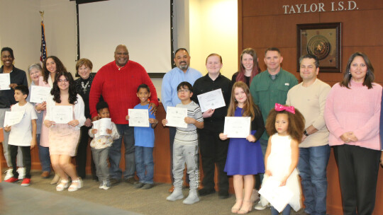 The Taylor School Board recognized campus students of the month at their January meeting. Honorees are Ian Bunton and Bella Reese, TH Johnson; Aaron Lopez and Adelyn Adams, Pasemann; Jhair Martinez Diaz, Main Street Intermediate; Callie Kloppe, Gabriel Ochoa and Ethan Green, Taylor Middle...