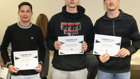 The Taylor school board celebrated Taylor High School athletes for Academic All State recognition at their January meeting. Honorees include (from left) Landon Velasquez, Cross Country, Honorable Mention; Brennan Zupfer, Cross Country, second Team; and Connor Cobb, football, second team. N...