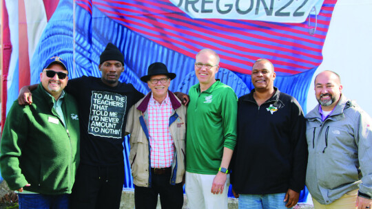 Taylor native Fred Kerley (second from left) is welcomed home by the Taylor City Councilmen (from left) Dwayne Ariola, Mitch Drummond, Brandt Rydell, Gerald Anderson and Robert Garcia. Photos by Jason Hennington