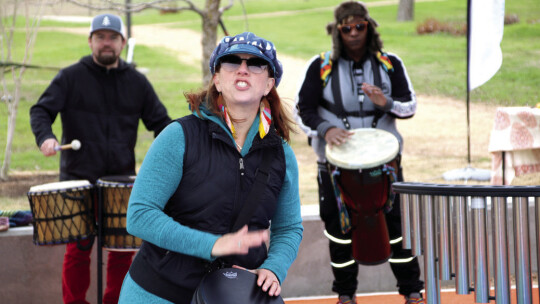 After the ribbon cutting, the Soulshine Rhythm Experience led a performance that included community members playing different instruments in the park.