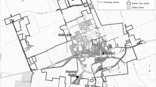 A map showing a proposed location for a third fire station on the Fire Services Master Plan compiled by Citygate. Map courtesy of the City of Taylor