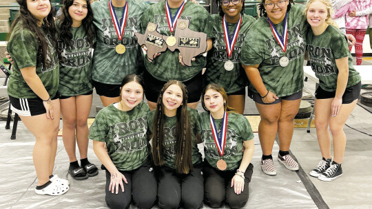 The Lady Ducks powerlifting team competed at the state championship in Frisco. Team members are (back row, from left) Nicolette Villarreal, Karina Hall-Albavera, Krista Randig, Analise Frias, Ri’Queleigh Holmes-Grant, Sophia Plonka and Rylie Dlouhy. (Front row, from left) Eliana Aleman, Va...