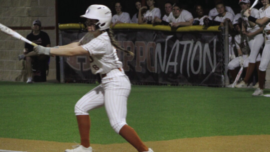 Lady Hippos sophomore Mia Sanchez hitting the ball for a single during their game against Cedar Park. Photo by Evan Hale