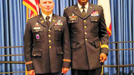 Having just received his new rank, Lt. Col. Joseph Meller stands with Brig. Gen. Monie R. Ulis during the promotion ceremony at Camp Mabry. Photo by Daniel Philhower