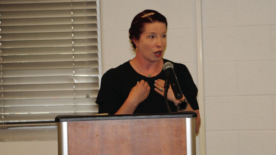 Rachelle Finck, Taylor High School’s director of Guidance &amp; Counseling, speaks during the luncheon, which was held at the Taylor Independent School District’s Event Center. Photos by Nicole Lessin